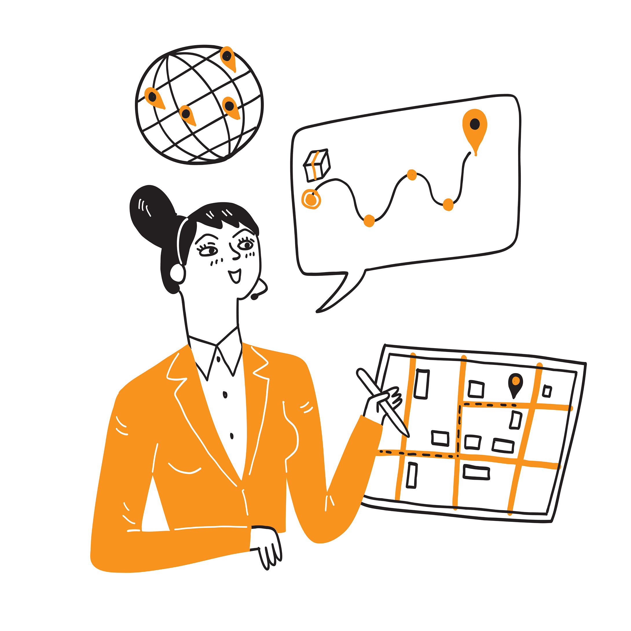 Ilustracja kobiety w słuchawce call center, wskazującej trasę dostawy na mapie, symbolizująca szybką i niezawodną logistykę.